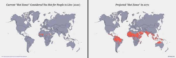 A world map comparing the 1% of the earth that is currently too hot for humans to live (2020), and to the right the same map showing the projected 19% of the world which will be too hot for people by 2070. These regions are in bright orange/red, with the surrounding area in grey.