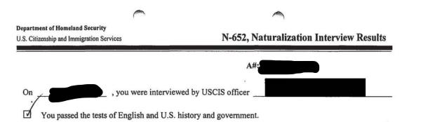 Form N-652 Notice of Examination Results Example